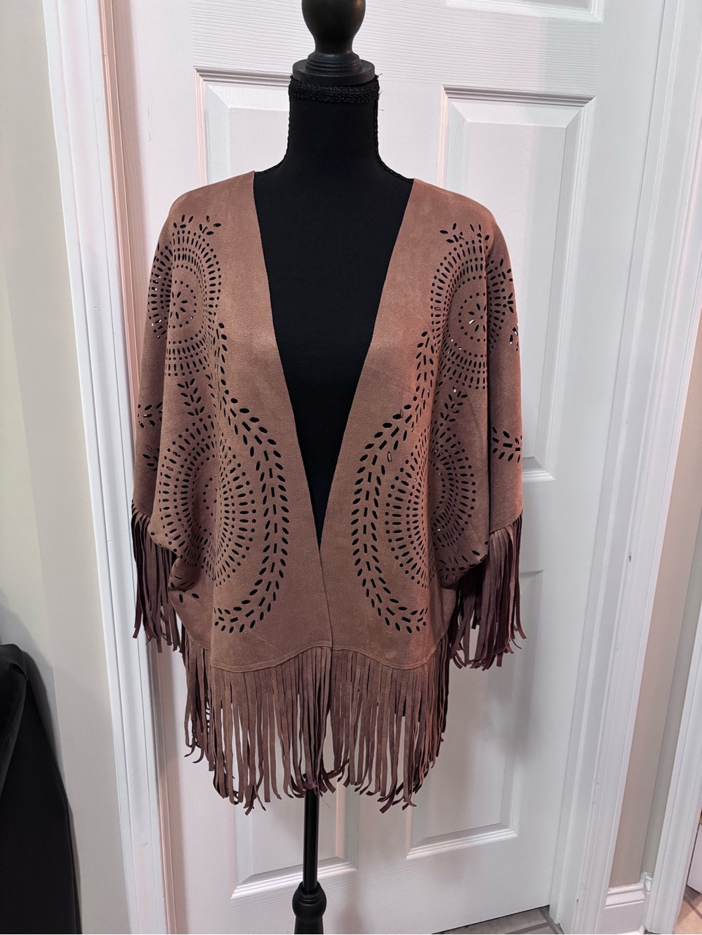 Fringed Open-Front Suede-Effect Poncho in Brown